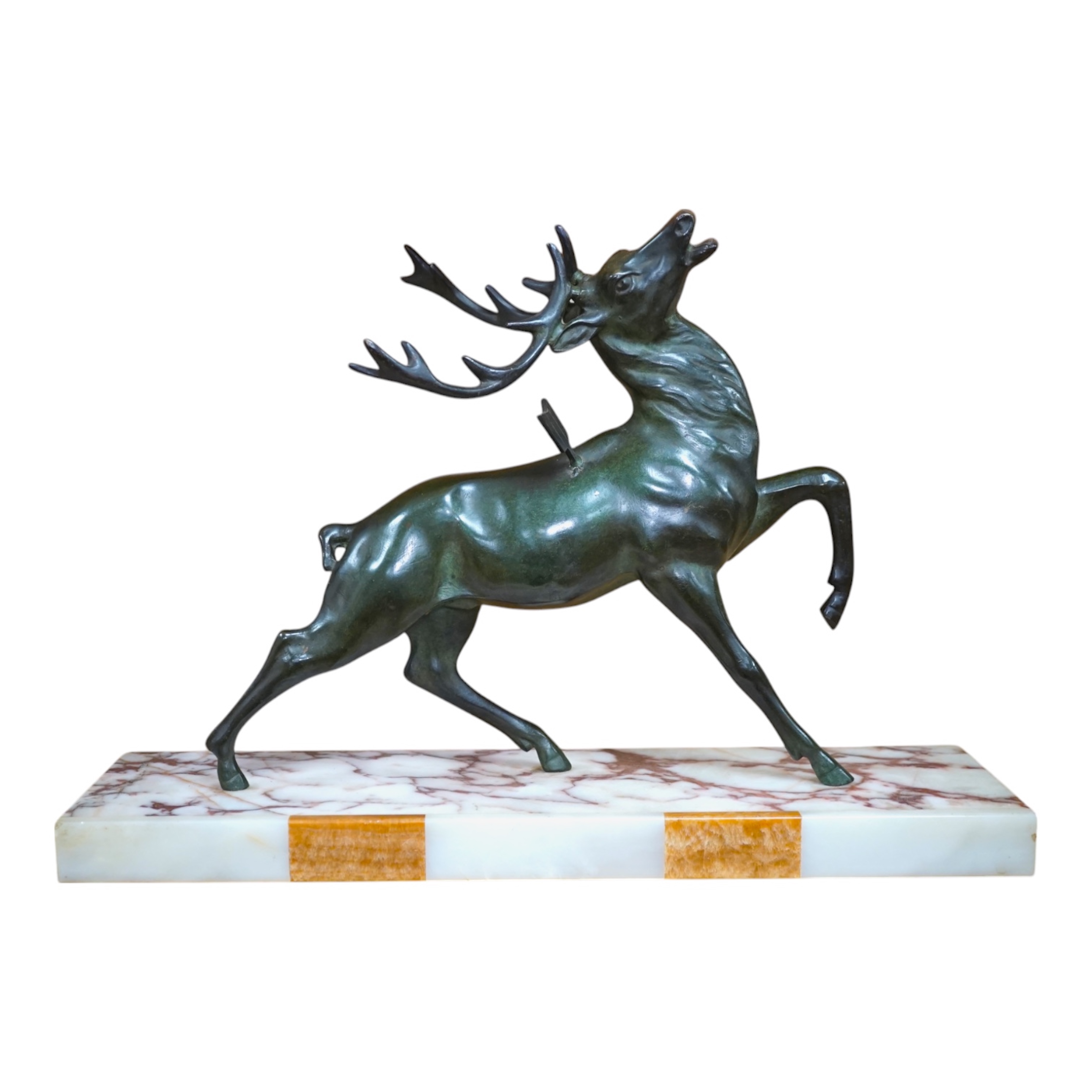 A bronze model of a stag raised on rectangular marble base, 45cm wide. Condition - good